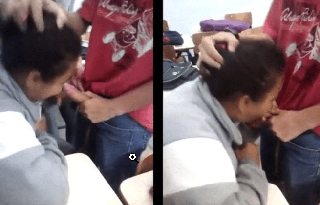 Le hace sexo oral a sus compañeros en el salón