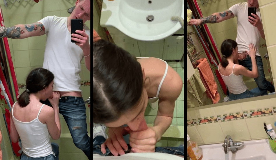 Chavita ardiente le hace un oral al novio en el baño